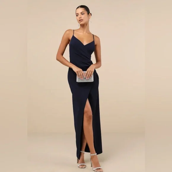 Lulus Sweetest Admirer Navy Blue Ruched Surplice Maxi Dress NWT Medium - Picture 1 of 4